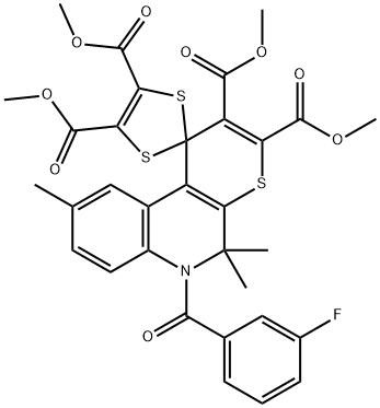 tetramethyl 6-(3-fluorobenzoyl)-5,5,9-trimethyl-5,6-dihydrospiro(1H-thiopyrano[2,3-c]quinoline-1,2'-[1,3]-dithiole)-2,3,4',5'-dicarboxylate Struktur