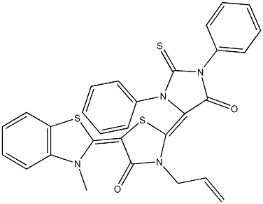 3-allyl-5-(3-methyl-1,3-benzothiazol-2(3H)-ylidene)-2-(5-oxo-1,3-diphenyl-2-thioxo-4-imidazolidinylidene)-1,3-thiazolidin-4-one Struktur