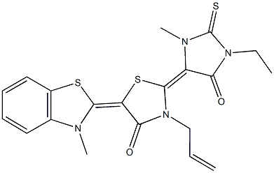 3-allyl-2-(1-ethyl-3-methyl-5-oxo-2-thioxo-4-imidazolidinylidene)-5-(3-methyl-1,3-benzothiazol-2(3H)-ylidene)-1,3-thiazolidin-4-one 结构式