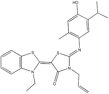 3-allyl-5-(3-ethyl-1,3-benzothiazol-2(3H)-ylidene)-2-[(4-hydroxy-5-isopropyl-2-methylphenyl)imino]-1,3-thiazolidin-4-one,304448-26-8,结构式