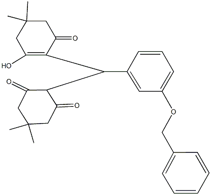 2-[[3-(benzyloxy)phenyl](2-hydroxy-4,4-dimethyl-6-oxo-1-cyclohexen-1-yl)methyl]-5,5-dimethyl-1,3-cyclohexanedione Struktur