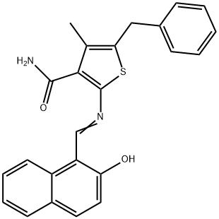 5-benzyl-2-{[(2-hydroxy-1-naphthyl)methylene]amino}-4-methyl-3-thiophenecarboxamide Struktur