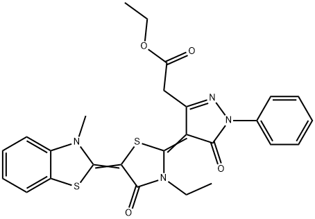 ethyl {4-[3-ethyl-5-(3-methyl-1,3-benzothiazol-2(3H)-ylidene)-4-oxo-1,3-thiazolidin-2-ylidene]-5-oxo-1-phenyl-4,5-dihydro-1H-pyrazol-3-yl}acetate Struktur