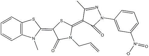 3-allyl-2-(1-{3-nitrophenyl}-3-methyl-5-oxo-1,5-dihydro-4H-pyrazol-4-ylidene)-5-(3-methyl-1,3-benzothiazol-2(3H)-ylidene)-1,3-thiazolidin-4-one Struktur