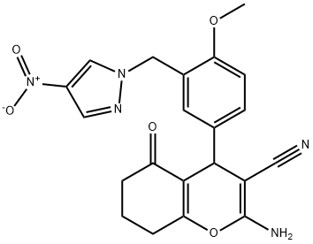 2-amino-4-[3-({4-nitro-1H-pyrazol-1-yl}methyl)-4-methoxyphenyl]-5-oxo-5,6,7,8-tetrahydro-4H-chromene-3-carbonitrile 结构式