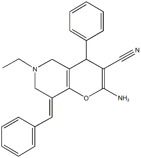 2-amino-8-benzylidene-6-ethyl-4-phenyl-5,6,7,8-tetrahydro-4H-pyrano[3,2-c]pyridine-3-carbonitrile 化学構造式