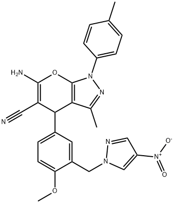 6-amino-4-[3-({4-nitro-1H-pyrazol-1-yl}methyl)-4-methoxyphenyl]-3-methyl-1-(4-methylphenyl)-1,4-dihydropyrano[2,3-c]pyrazole-5-carbonitrile Structure
