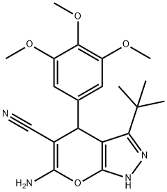 6-amino-3-(tert-butyl)-4-(3,4,5-trimethoxyphenyl)-1,4-dihydropyrano[2,3-c]pyrazole-5-carbonitrile Struktur