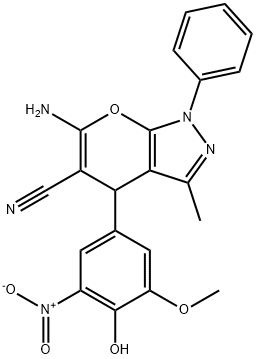 6-amino-4-{4-hydroxy-3-nitro-5-methoxyphenyl}-3-methyl-1-phenyl-1,4-dihydropyrano[2,3-c]pyrazole-5-carbonitrile 结构式