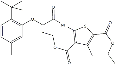 diethyl 5-{[(2-tert-butyl-5-methylphenoxy)acetyl]amino}-3-methyl-2,4-thiophenedicarboxylate Struktur