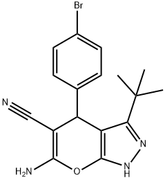 6-amino-4-(4-bromophenyl)-3-tert-butyl-1,4-dihydropyrano[2,3-c]pyrazole-5-carbonitrile 化学構造式