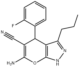 6-amino-4-(2-fluorophenyl)-3-propyl-2,4-dihydropyrano[2,3-c]pyrazole-5-carbonitrile Structure