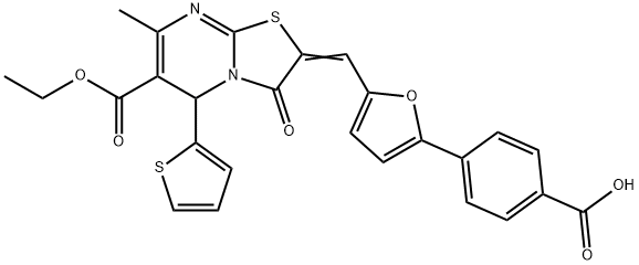 4-{5-[(6-(ethoxycarbonyl)-7-methyl-3-oxo-5-(2-thienyl)-5H-[1,3]thiazolo[3,2-a]pyrimidin-2(3H)-ylidene)methyl]-2-furyl}benzoic acid Struktur