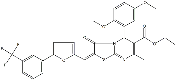 ethyl 5-(2,5-dimethoxyphenyl)-7-methyl-3-oxo-2-({5-[3-(trifluoromethyl)phenyl]-2-furyl}methylene)-2,3-dihydro-5H-[1,3]thiazolo[3,2-a]pyrimidine-6-carboxylate 化学構造式