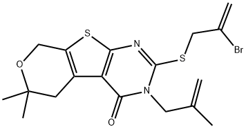 2-[(2-bromo-2-propenyl)sulfanyl]-6,6-dimethyl-3-(2-methyl-2-propenyl)-3,5,6,8-tetrahydro-4H-pyrano[4',3':4,5]thieno[2,3-d]pyrimidin-4-one 结构式