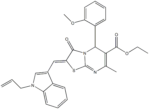 ethyl 2-[(1-allyl-1H-indol-3-yl)methylene]-5-(2-methoxyphenyl)-7-methyl-3-oxo-2,3-dihydro-5H-[1,3]thiazolo[3,2-a]pyrimidine-6-carboxylate Struktur