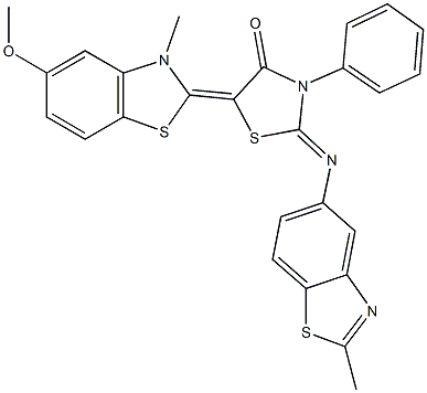 5-(5-methoxy-3-methyl-1,3-benzothiazol-2(3H)-ylidene)-2-[(2-methyl-1,3-benzothiazol-5-yl)imino]-3-phenyl-1,3-thiazolidin-4-one,306317-28-2,结构式