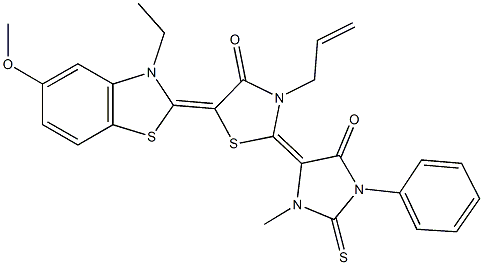 3-allyl-5-(3-ethyl-5-methoxy-1,3-benzothiazol-2(3H)-ylidene)-2-(3-methyl-5-oxo-1-phenyl-2-thioxo-4-imidazolidinylidene)-1,3-thiazolidin-4-one Struktur