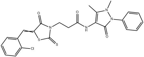 3-[5-(2-chlorobenzylidene)-4-oxo-2-thioxo-1,3-thiazolidin-3-yl]-N-(1,5-dimethyl-3-oxo-2-phenyl-2,3-dihydro-1H-pyrazol-4-yl)propanamide Struktur