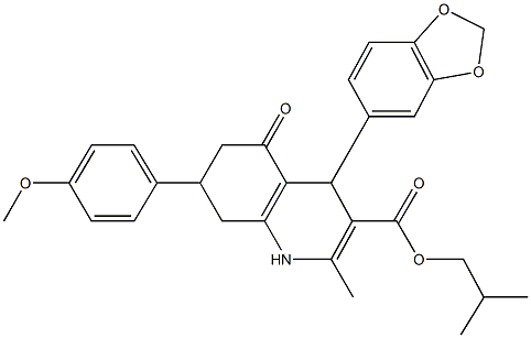 isobutyl 4-(1,3-benzodioxol-5-yl)-7-(4-methoxyphenyl)-2-methyl-5-oxo-1,4,5,6,7,8-hexahydro-3-quinolinecarboxylate 化学構造式