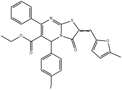 ethyl 5-(4-fluorophenyl)-2-[(5-methyl-2-furyl)methylene]-3-oxo-7-phenyl-2,3-dihydro-5H-[1,3]thiazolo[3,2-a]pyrimidine-6-carboxylate 化学構造式