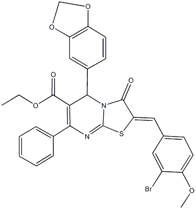 ethyl 5-(1,3-benzodioxol-5-yl)-2-(3-bromo-4-methoxybenzylidene)-3-oxo-7-phenyl-2,3-dihydro-5H-[1,3]thiazolo[3,2-a]pyrimidine-6-carboxylate 化学構造式