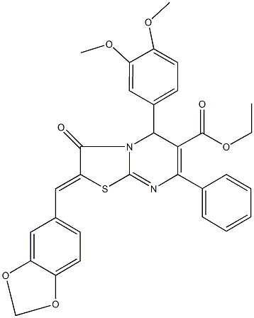 306942-15-4 ethyl 2-(1,3-benzodioxol-5-ylmethylene)-5-(3,4-dimethoxyphenyl)-3-oxo-7-phenyl-2,3-dihydro-5H-[1,3]thiazolo[3,2-a]pyrimidine-6-carboxylate