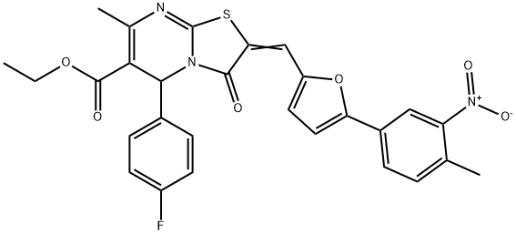 ethyl 5-(4-fluorophenyl)-2-[(5-{3-nitro-4-methylphenyl}-2-furyl)methylene]-7-methyl-3-oxo-2,3-dihydro-5H-[1,3]thiazolo[3,2-a]pyrimidine-6-carboxylate Struktur