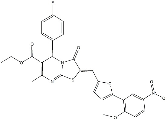 ethyl 5-(4-fluorophenyl)-2-[(5-{5-nitro-2-methoxyphenyl}-2-furyl)methylene]-7-methyl-3-oxo-2,3-dihydro-5H-[1,3]thiazolo[3,2-a]pyrimidine-6-carboxylate 化学構造式