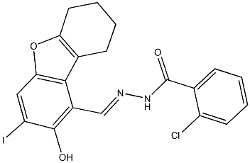 2-chloro-N'-[(2-hydroxy-3-iodo-6,7,8,9-tetrahydrodibenzo[b,d]furan-1-yl)methylene]benzohydrazide 结构式