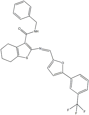 N-benzyl-2-[({5-[3-(trifluoromethyl)phenyl]-2-furyl}methylene)amino]-4,5,6,7-tetrahydro-1-benzothiophene-3-carboxamide 结构式