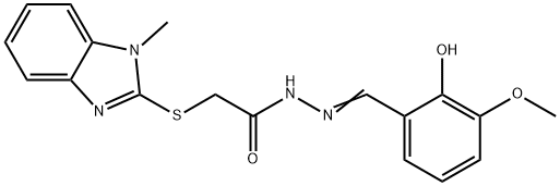 N'-(2-hydroxy-3-methoxybenzylidene)-2-[(1-methyl-1H-benzimidazol-2-yl)sulfanyl]acetohydrazide 化学構造式