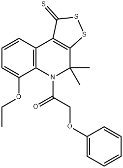 6-ethoxy-4,4-dimethyl-5-(phenoxyacetyl)-4,5-dihydro-1H-[1,2]dithiolo[3,4-c]quinoline-1-thione Struktur
