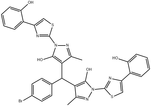 4-((4-bromophenyl){5-hydroxy-1-[4-(2-hydroxyphenyl)-1,3-thiazol-2-yl]-3-methyl-1H-pyrazol-4-yl}methyl)-1-[4-(2-hydroxyphenyl)-1,3-thiazol-2-yl]-3-methyl-1H-pyrazol-5-ol 结构式