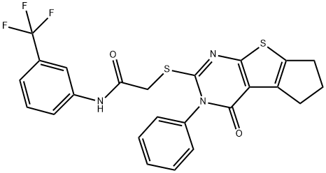 2-[(4-oxo-3-phenyl-3,5,6,7-tetrahydro-4H-cyclopenta[4,5]thieno[2,3-d]pyrimidin-2-yl)sulfanyl]-N-[3-(trifluoromethyl)phenyl]acetamide 化学構造式