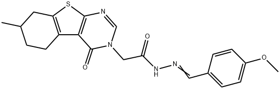 N'-(4-methoxybenzylidene)-2-(7-methyl-4-oxo-5,6,7,8-tetrahydro[1]benzothieno[2,3-d]pyrimidin-3(4H)-yl)acetohydrazide 化学構造式