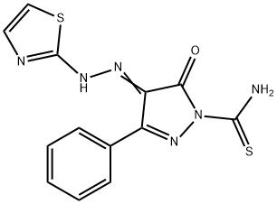 5-oxo-3-phenyl-4-(1,3-thiazol-2-ylhydrazono)-4,5-dihydro-1H-pyrazole-1-carbothioamide 结构式