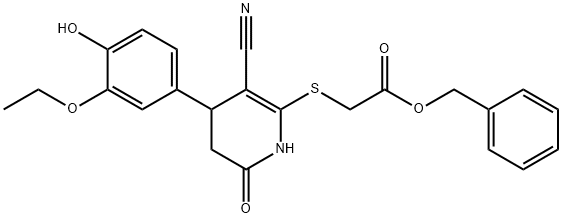 benzyl 2-{[3-cyano-4-(3-ethoxy-4-hydroxyphenyl)-6-oxo-1,4,5,6-tetrahydro-2-pyridinyl]sulfanyl}acetate Struktur