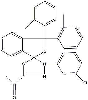 1-[1,1-bis(2-methylphenyl)-4'-(3-chlorophenyl)-1,3,4',5'-tetrahydrospiro(2-benzothiophene-3,5'-[1,3,4]-thiadiazole)-2-yl]ethanone,309268-85-7,结构式