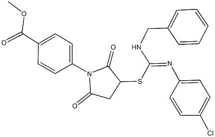 methyl 4-[3-({(benzylamino)[(4-chlorophenyl)imino]methyl}sulfanyl)-2,5-dioxo-1-pyrrolidinyl]benzoate 化学構造式