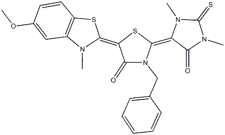 3-benzyl-2-(1,3-dimethyl-5-oxo-2-thioxo-4-imidazolidinylidene)-5-(5-methoxy-3-methyl-1,3-benzothiazol-2(3H)-ylidene)-1,3-thiazolidin-4-one 结构式