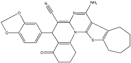 8-amino-5-(1,3-benzodioxol-5-yl)-4-oxo-1,3,4,5,10,11,12,13-octahydro-2H,9H-cyclohepta[4',5']thieno[3',2':5,6]pyrimido[1,2-a]quinoline-6-carbonitrile Struktur