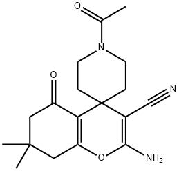 2-amino-3-cyano-7,7-dimethyl-1'-acetyl-5-oxo-5,6,7,8-tetrahydrospiro[4H-chromene-4,4'-piperidine] 化学構造式