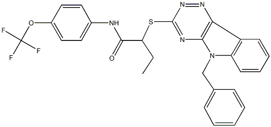 2-[(5-benzyl-5H-[1,2,4]triazino[5,6-b]indol-3-yl)sulfanyl]-N-[4-(trifluoromethoxy)phenyl]butanamide Struktur