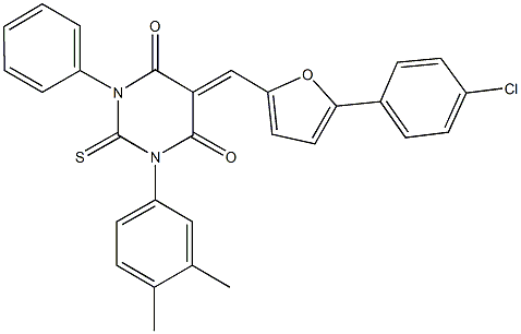 5-{[5-(4-chlorophenyl)-2-furyl]methylene}-1-(3,4-dimethylphenyl)-3-phenyl-2-thioxodihydro-4,6(1H,5H)-pyrimidinedione,309294-14-2,结构式