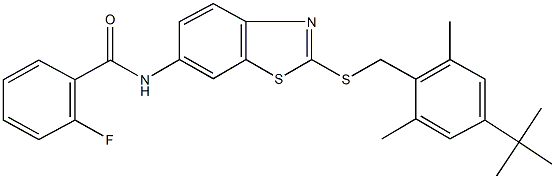 N-{2-[(4-tert-butyl-2,6-dimethylbenzyl)sulfanyl]-1,3-benzothiazol-6-yl}-2-fluorobenzamide,309720-14-7,结构式