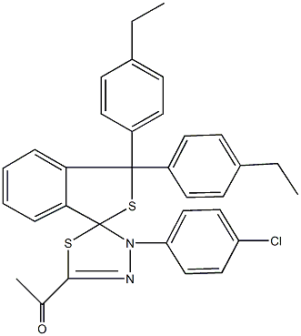 1-[4'-(4-chlorophenyl)-1,1-bis(4-ethylphenyl)-1,3,4',5'-tetrahydrospiro(2-benzothiophene-3,5'-[1,3,4]-thiadiazole)-2-yl]ethanone 化学構造式