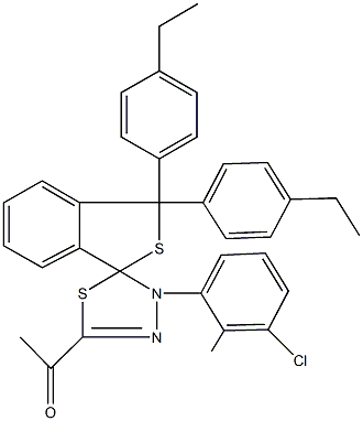1-[4'-(3-chloro-2-methylphenyl)-1,1-bis(4-ethylphenyl)-1,3,4',5'-tetrahydrospiro(2-benzothiophene-3,5'-[1,3,4]-thiadiazole)-2-yl]ethanone,309726-27-0,结构式