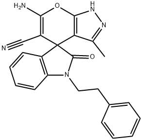 6-amino-5-cyano-3-methyl-2'-oxo-1'-phenethyl-1,1',3'4-tetrahydrospiro[pyrano[2,3-c]pyrazole-4,3'-(2'H)-indole] Structure