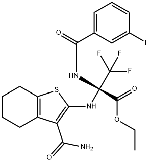 ethyl 2-{[3-(aminocarbonyl)-4,5,6,7-tetrahydro-1-benzothien-2-yl]amino}-3,3,3-trifluoro-2-[(3-fluorobenzoyl)amino]propanoate Struktur